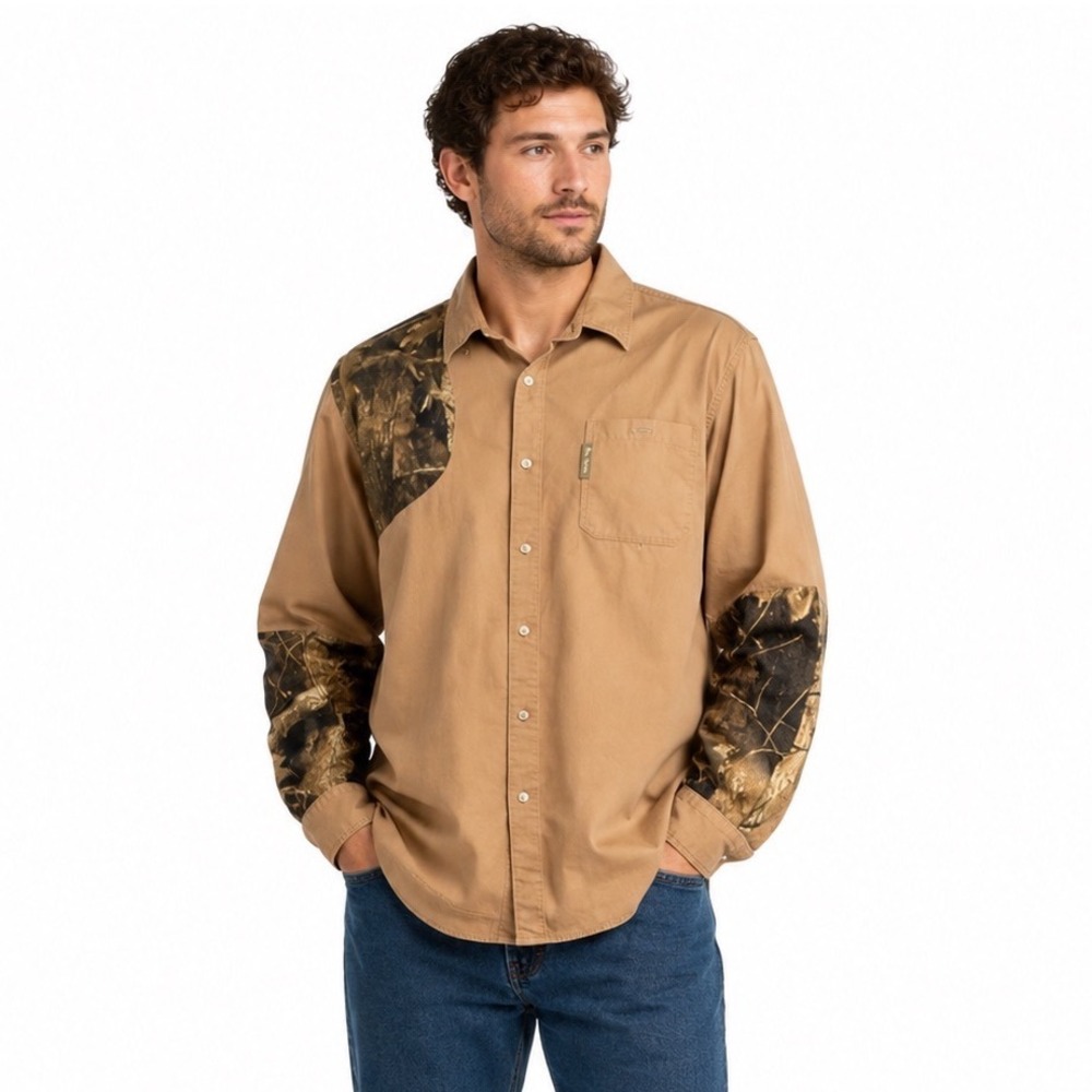 Columbia Men's XL Camo Accent Button Down Shirt Hunting Outdoor Gorpcore Tan